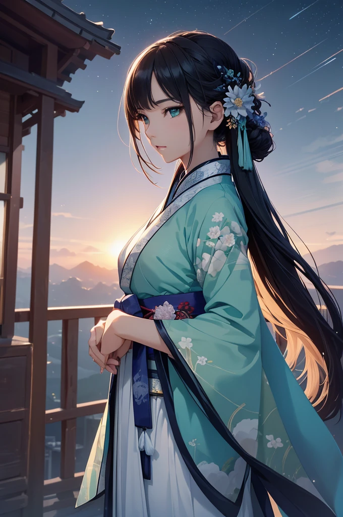 Starry sky and fog cover the landscape.Rich historical background. (Highest quality,4K,8k,High resolution,masterpiece:1.2), Very detailed, (Realistic,Realistic,Photorealistic:1.37), High resolution, Hyper HD, Studio Lighting, Ultra-fine painting, Sharp focus, Physically Based Rendering, Very detailed説明, Professional, Vibrant colors, Bokeh, Sports Late, Traditional Chinese Painting Techniques, Atmospheric lighting, Dynamic Pose, Vivid color contrast, Visually stunning composition, Ethereal atmosphere,Very detailed目と顔, Beautiful attention to detail, Light on the face, (Hanfu: 1.1),Green Eyes,Graceful dancing woman