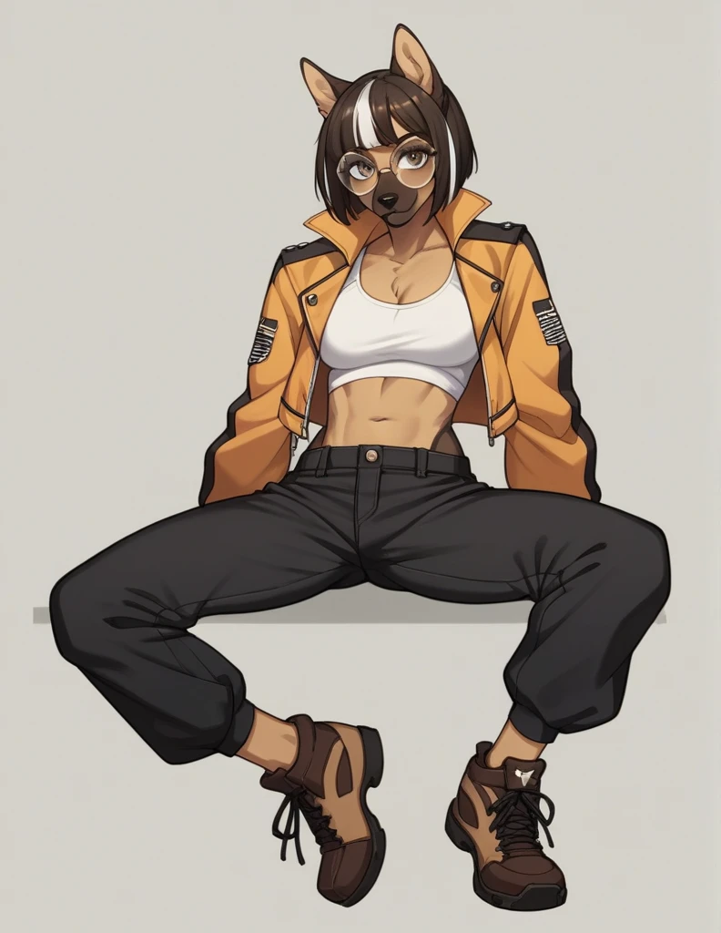 solo, score_9, score_8_up, score_7_up, score_6_up, score_5_up, source_anime, score_4_up, German Shepherd Anthro, Female One, perfectbody, Medium chest, chestnut hair, white streak in bangs, brown dark eyes, cropped preto, elongated fur-lined jacket, baggy pants (black pants), looking at the viewer, round glasses (white glasses), black sneakers (brown sneaker sole)