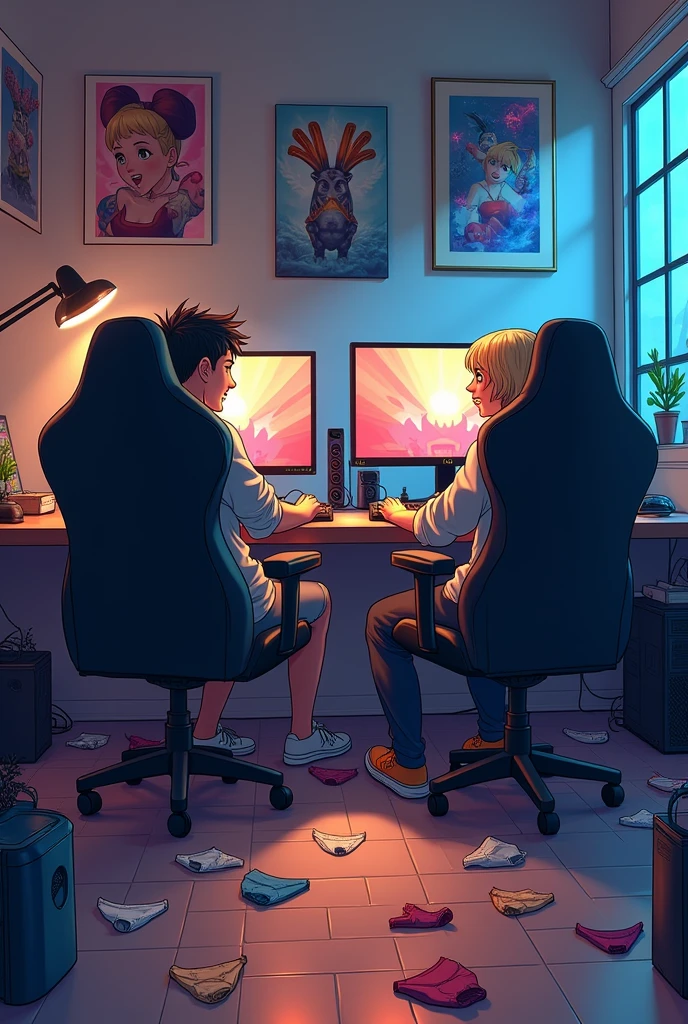 Scenario: A gamer&#39;s room with three monitors, a powerful PC, and several gaming chairs. The environment should feel relaxed and a little messy., with several pairs of underwear scattered across the floor and some even on top of chairs.Personagens: Two friends, one with black hair and the other with dark blonde hair. They are focused on playing on their monitors, with expressions of enthusiasm or concentration.detaileds: Friends should be in comfortable gaming chairs and the room can have gamer decor., like game posters and maybe some game related accessories. The scattered underwear must be visible, creating a contrast with the game environment.