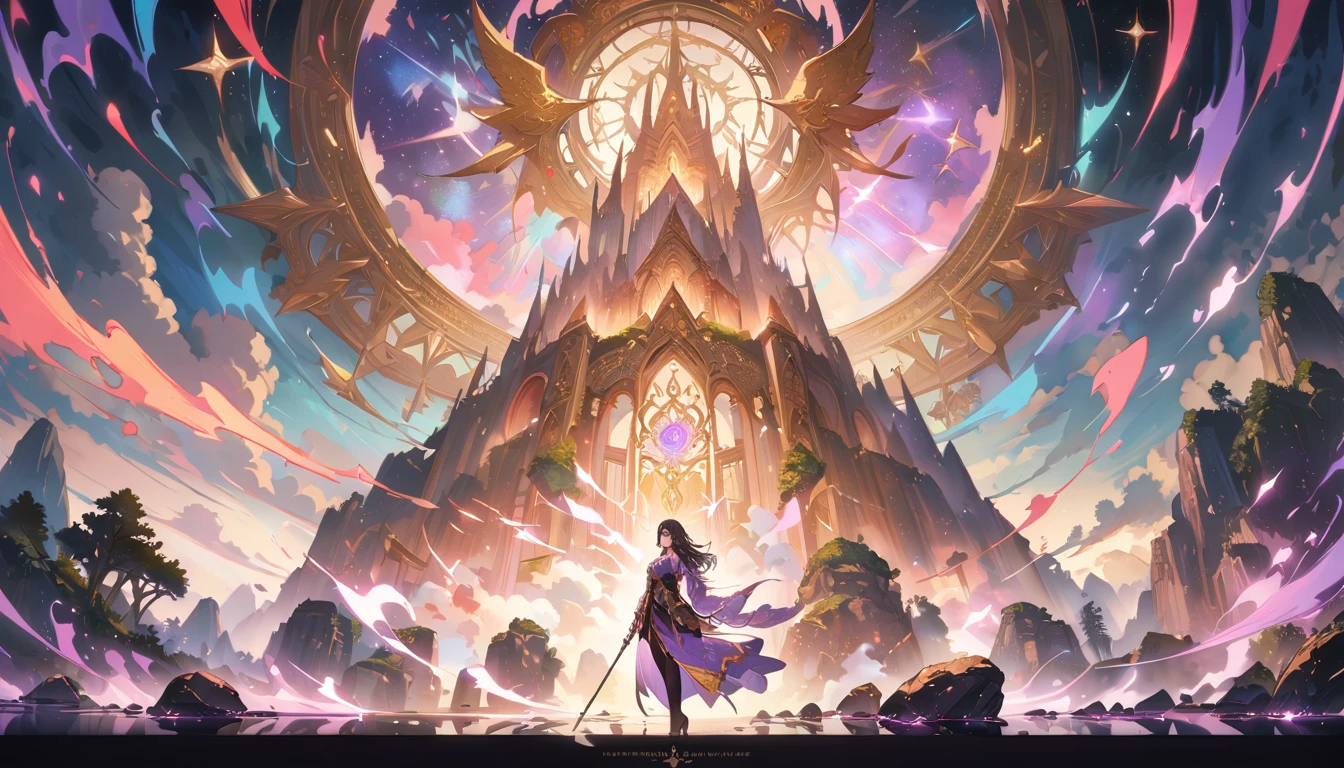 Beautiful wizard, she stands in front of the Temple of the Stars, surrounded by ancient, crumbling stone walls and overgrown vegetation. The temple are filled with intricate carvings and mysterious symbols, evoking a sense of lost history. Her eyes sparkle with captivating purple hues, framed by delicate eyelashes. The background features the old, forgotten temple, with soft, luminous lighting filtering through cracks in the stone, casting prismatic reflections on the surroundings. nighttime alot of stars in the sky.The scene is set in a mysterious and enchanting realm, with vibrant colors and intricate details that create a sense of timelessness. 8K resolution. A fancy landscape, a girl with long black hair, striking purple eyes, detailed facial features, vivid colors, movie lights, intricate details, (best quality, 4K, 8K, masterpiece:1.2), very detailed, fancy, adventure, concept art.