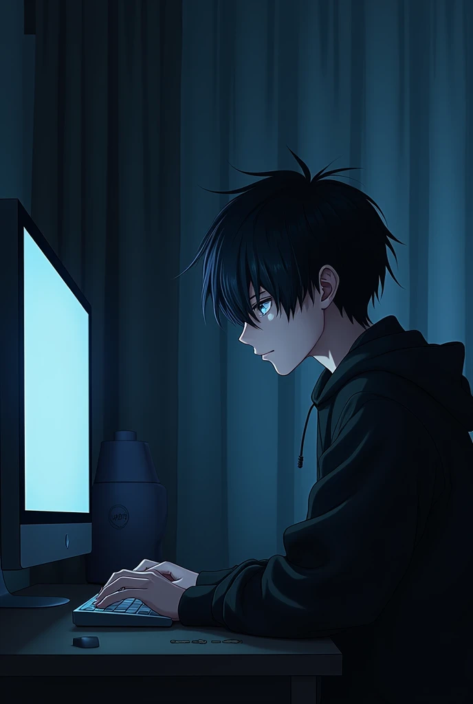 A nineteen year old anime boy with very very very thick black hair that slightly covers his face. He plays on the computer in his dark room with the curtains closed. he's tall and a little muscular