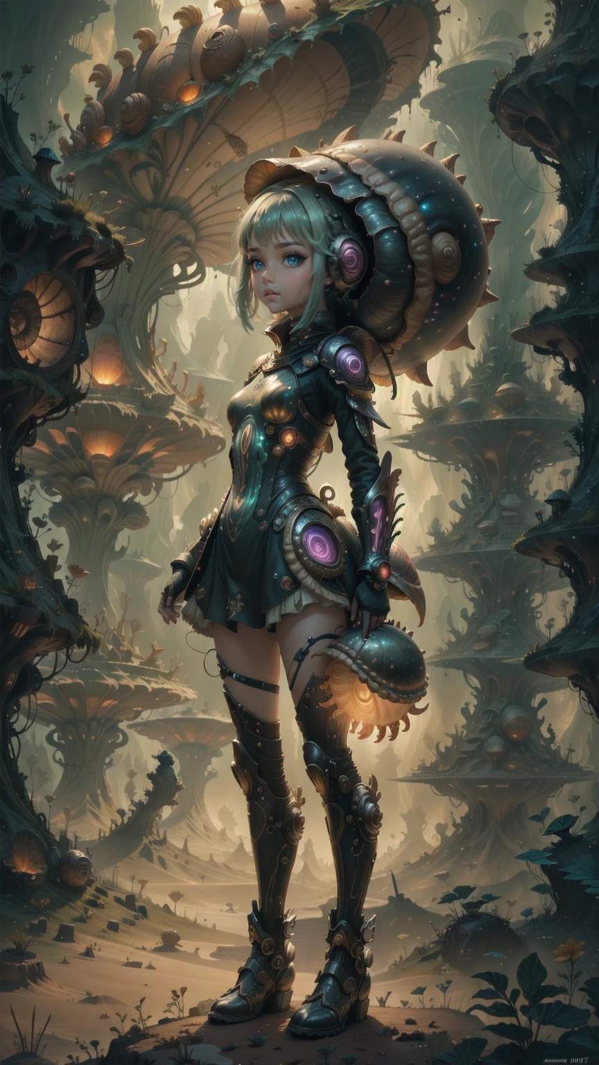 "((masterpiece)), highly detailed, digital illustration, a young girl standing on a vast, alien landscape, interacting with a gigantic snail with glowing patterns on its shell, the snail’s antennae waving gently as it gazes at her, surreal and dreamlike atmosphere, blending elements of science fiction and fantasy, the girl’s futuristic outfit adorned with small gadgets and lights, vibrant colors contrasting with the strange, otherworldly environment, a sense of curiosity and wonder",Mysticstyle