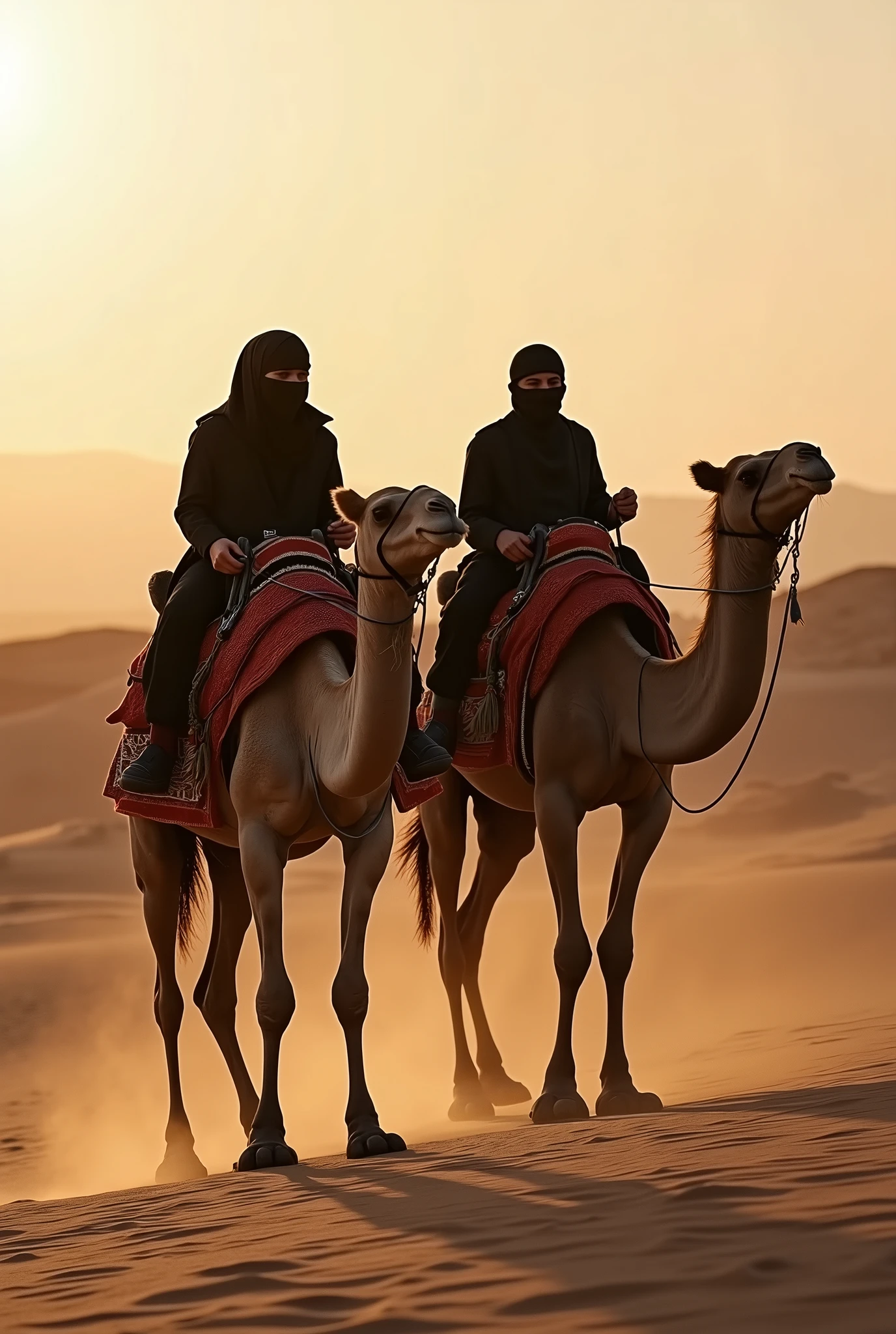Generate an image of camels owned by arab terrorists. The photo dimension should be 16×9