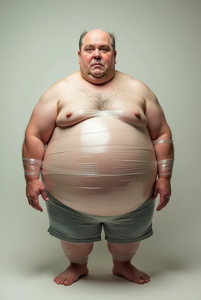 Fat man whose chest is wrapped in cling wrap