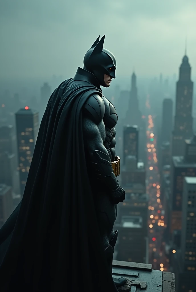 Batman with massive muscles and pitch black suit
looking over the gotham from the top of the building close up