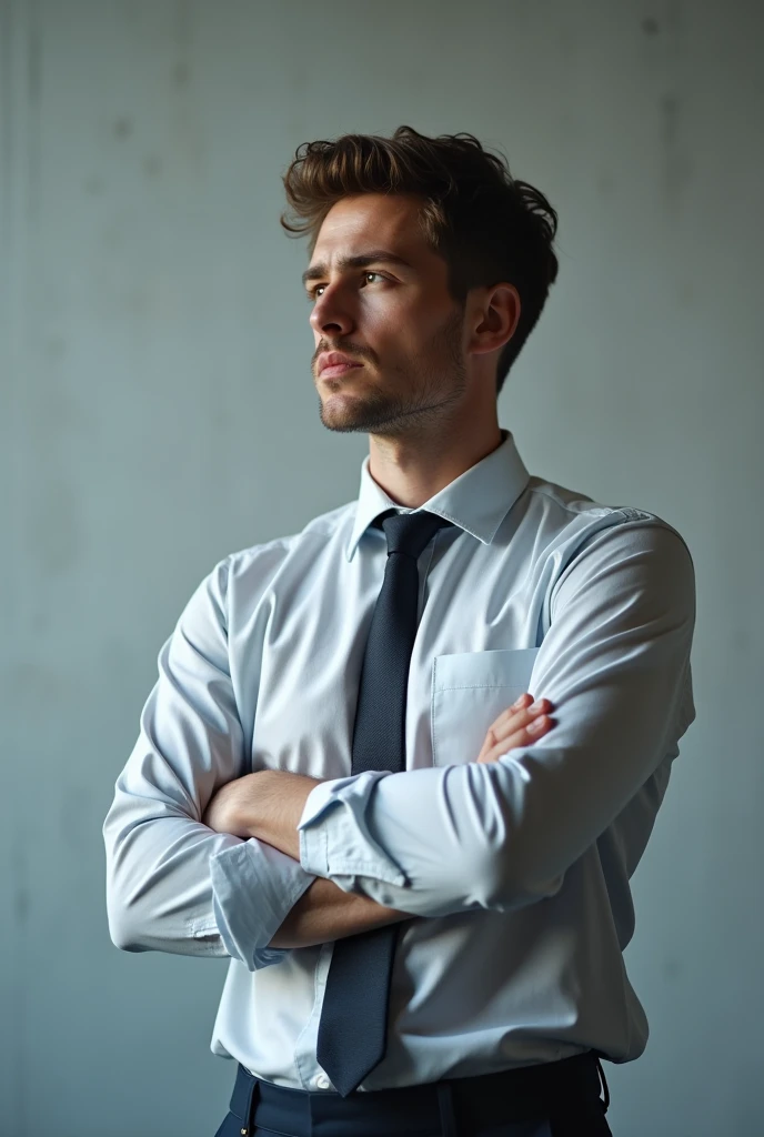 Photo of electrical engineer standing alone and thinking young man with power systems theme