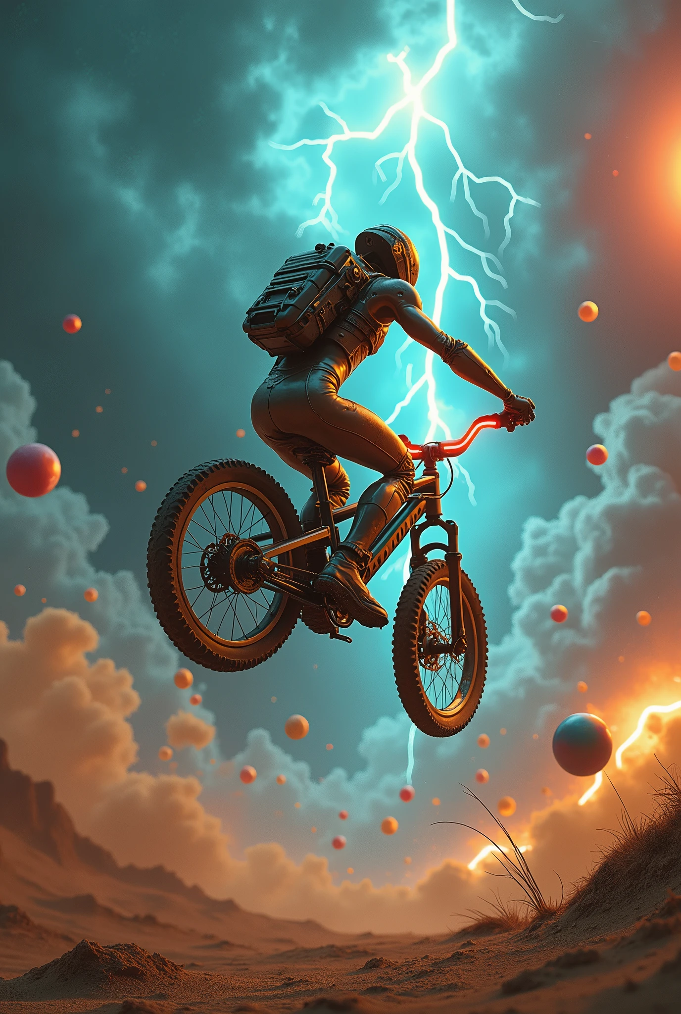 sexy android, roboT, big backpack, Performing acrobatics on a mechanically armed bicycle, (sand splash:1.3), Storm and k colorful lightning background, in Space War, pipe, Code, balloon, large hole,