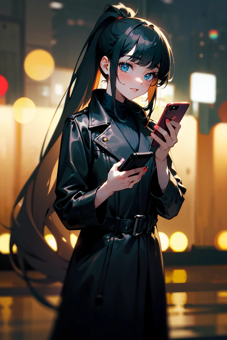 (masterpiece, best quality:1.3), highly detailed, (wide shot), 1girl, black hair, high ponytail, long hair, (bangs), (deep ocean eyes), (smiley), pretty lipsticks, (holding smartphone:1.2), looking at the phone, black leather long coat, late night street background, soft focus, ((bokeh)), absurdres