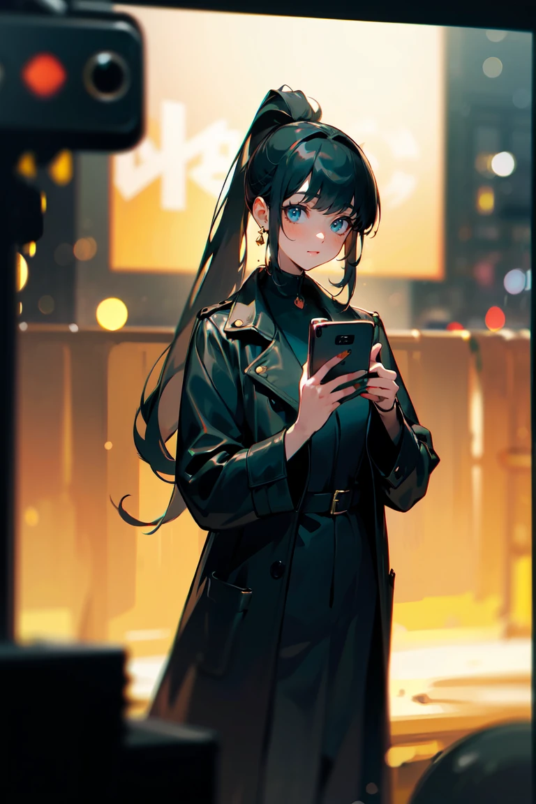 (masterpiece, best quality:1.3), highly detailed, (wide shot), 1girl, black hair, high ponytail, long hair, (bangs), (deep ocean eyes), (smiley), pretty lipsticks, (holding smartphone:1.2), looking at the phone, black leather long coat, late night street background, soft focus, ((bokeh)), absurdres