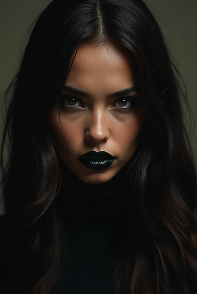 Young woman with black painted lips and mahogany hair and brown skin  