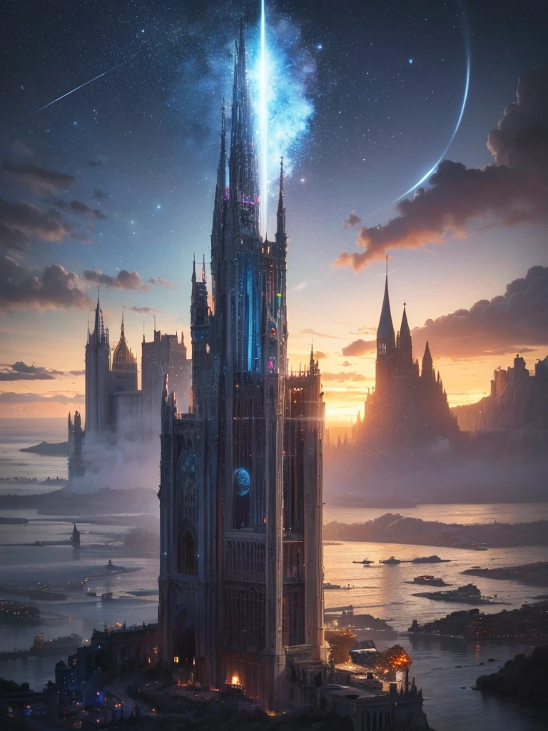 (8k, highest quality, masterpiece, final fantasy style: 1.2), (unRealistic, photoRealistic: 1.37), Dreamy landscape, Fantasy, Unsurreal landscapes, Super detailed, Flying Castle, Floating Island in the Sky, Seven-colored swirl of light, Intense lightning, milky way, Complex Light, Colored light, Large Lake, Starry sky reflected on the lake surface, Countless shining stars, Meteors, Reflections , (A pillar of light emanated from the ground:1,2), roses and orchids gardens , sunset, pink clouds, waterfalls in the sky, realistic style, Hyperrealism drawing, a flying pirate spaceship floating at the clouds level, burning skyscrapers, cyborgs, timeless realms, stunning princess , floating hair, pink lipstick, cute, naked shoulders , casting spell, healing light magic effect, in a magical lagoon of the fairyland, crystal clear water surface reflections, sharp focus, looking at viewer, (close-up:0.9), (bright white theme:1.2), (bright white tone:1.2), (deep blue tone:1.3), realistic, Hyperrealism,