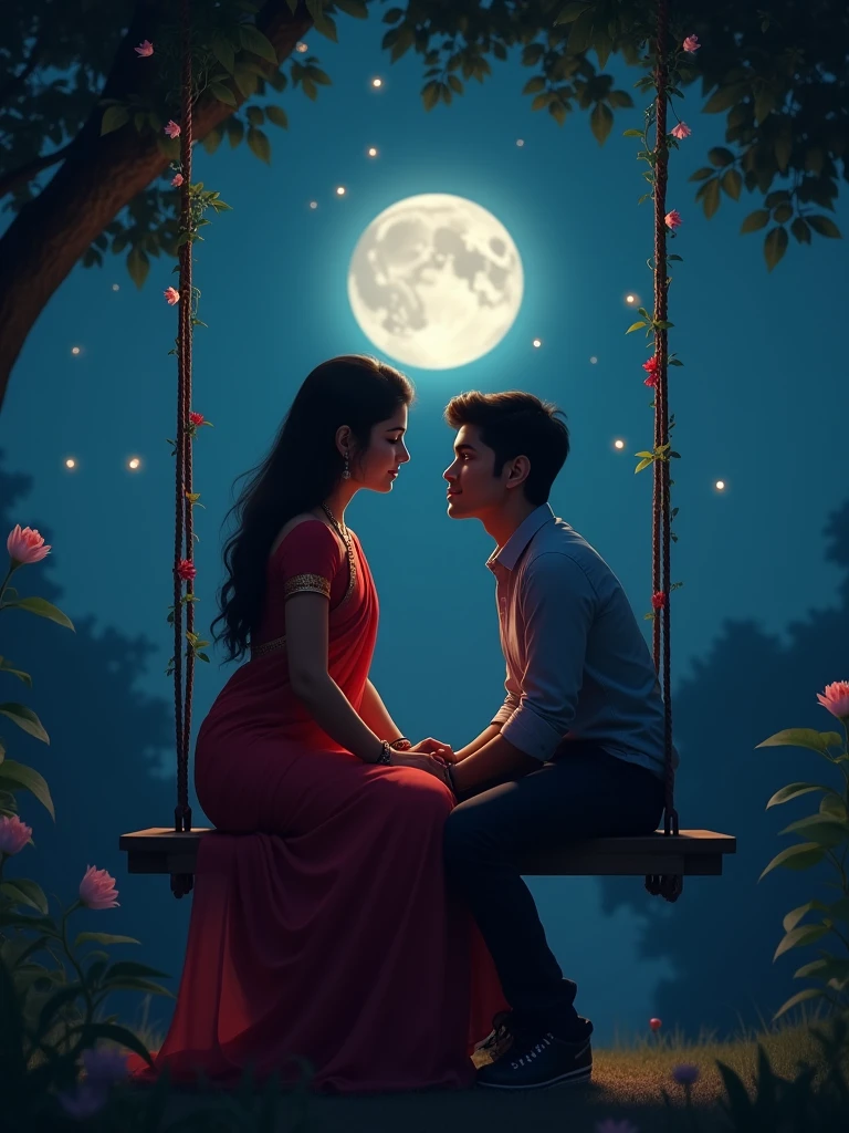 There is a 20-year-old Indian young girl she is wearing a red saree and has a boyfriend who goes to both the garden and swings during the night on the swing And let him have time moonlight night