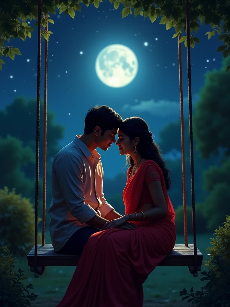 There is a 20-year-old Indian young girl she is wearing a red saree and has a boyfriend who goes to both the garden and swings during the night on the swing And let him have time moonlight night