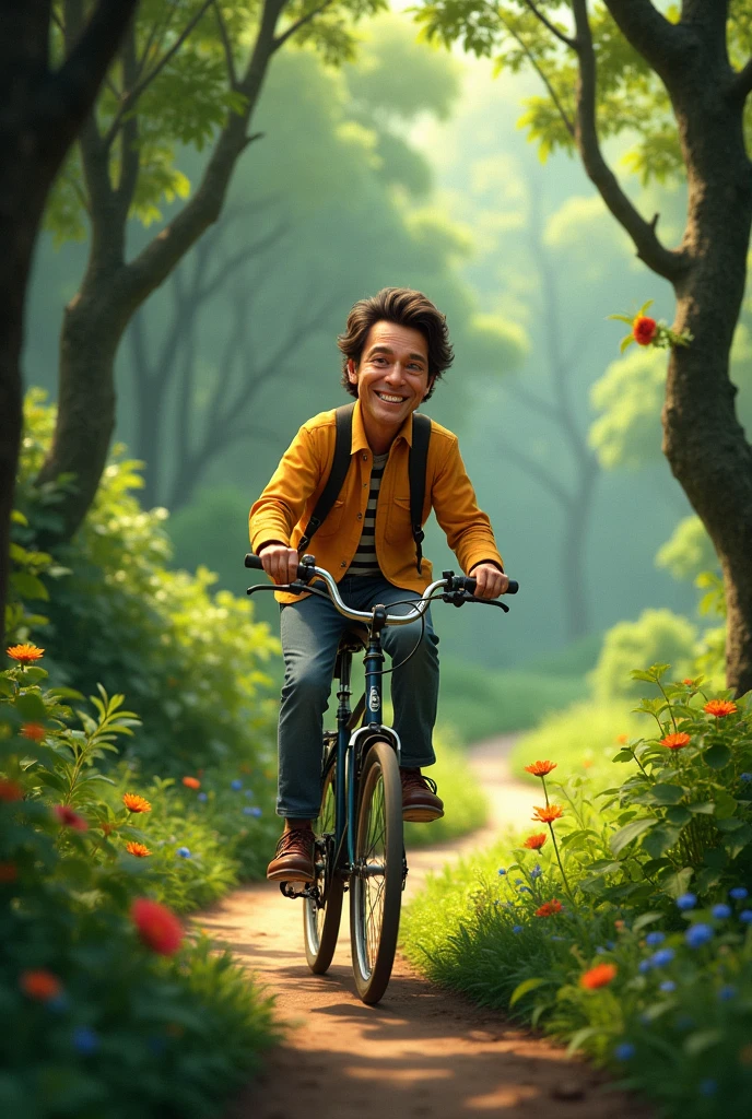 Silvio Santos riding a bike in the middle of the forest