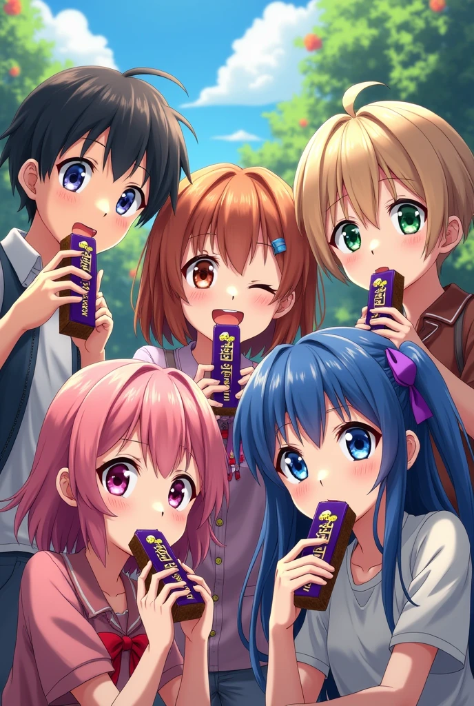 Anime Background in which all boys and girls characters holding chocklet bar dairy milk