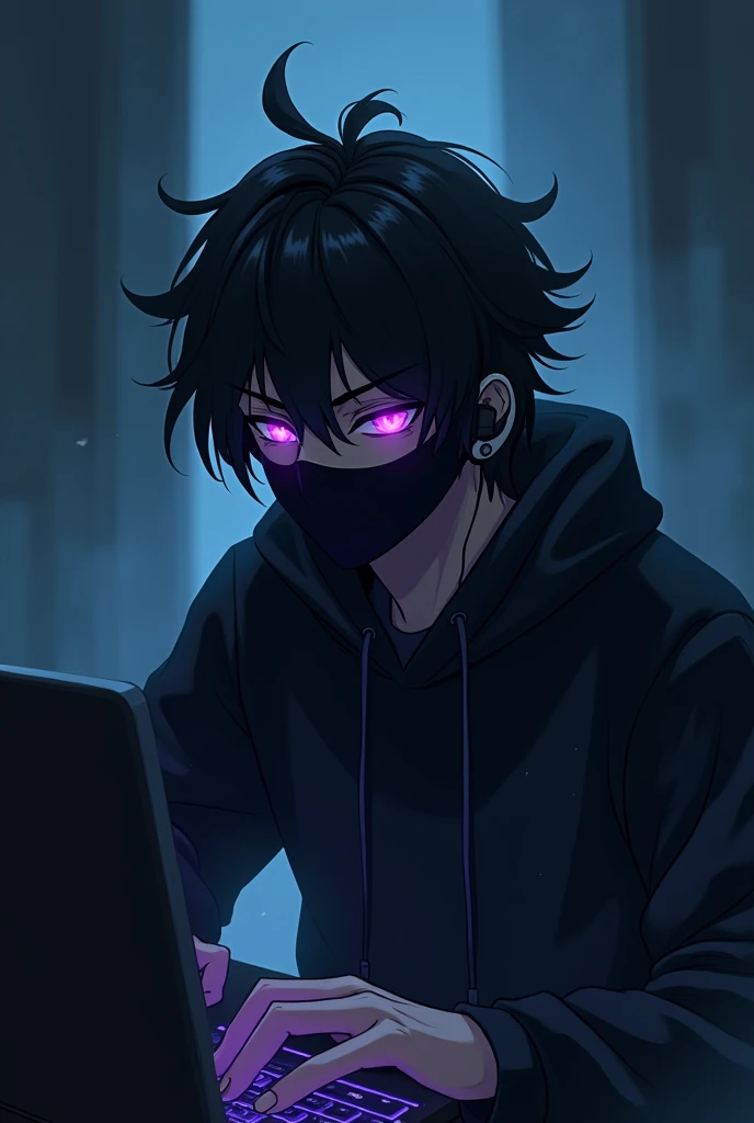 Appearance: hacker looking forward , 2d anime style , with short, slightly wavy hair , with a dark face with black hair standing on end. He wears a black mask that covers part of his face and small headphones in his ears.. it's on the computer , Its general appearance is gloomy , recalling an ethereal and dark presence. eyeballs: Intense and illuminated purples, increasing its mysterious and frightening aura. Clothing: Wears a black sweatshirt that enhances his shadow appearance. Personalidade: Exudes a calm and calculating demeanor, rarely loses composure. His glowing purple eyes and shadow-like appearance contribute to his enigmatic and unsettling presence.. history: Carries a dark past that shaped his menacing aura, with his hidden face and glowing eyes suggesting a deep inner conflict between light and darkness.