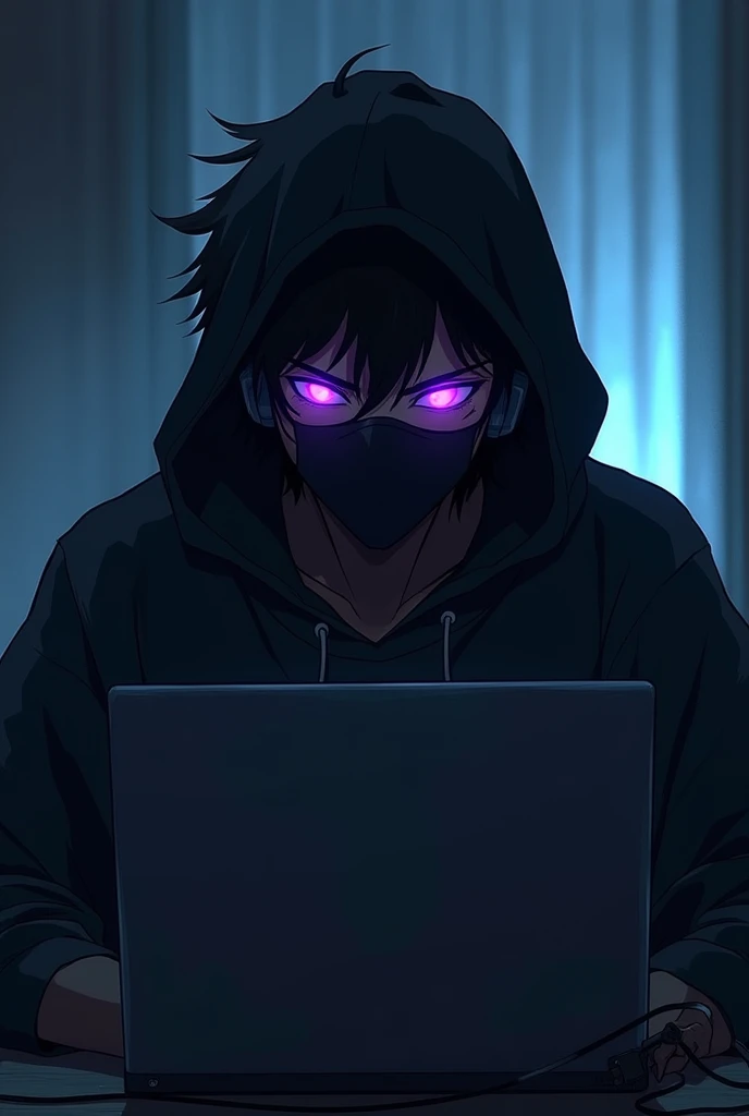 Appearance: hacker looking forward , 2d anime style , with short, slightly wavy hair , with a dark face with black hair standing on end. He wears a black mask that covers part of his face and small headphones in his ears.. it's on the computer , Its general appearance is gloomy , recalling an ethereal and dark presence. eyeballs: Intense and illuminated purples, increasing its mysterious and frightening aura. Clothing: Wears a black sweatshirt that enhances his shadow appearance. Personalidade: Exudes a calm and calculating demeanor, rarely loses composure. His glowing purple eyes and shadow-like appearance contribute to his enigmatic and unsettling presence.. history: Carries a dark past that shaped his menacing aura, with his hidden face and glowing eyes suggesting a deep inner conflict between light and darkness.