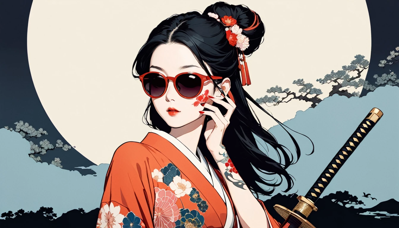 Ink Painting, (((1 girl))), (((Tattoo on face))), (((sunglasses))), (((Japanese sword))), Japanese style headphones, beautiful girl, Black Hair, Delicate and precise, Modern ukiyo-e style, background color Darkness