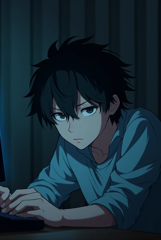 A nineteen year old anime boy with very very very thick black hair that slightly covers his face. He plays on the computer in his dark room with the curtains closed. he's tall and a little muscular