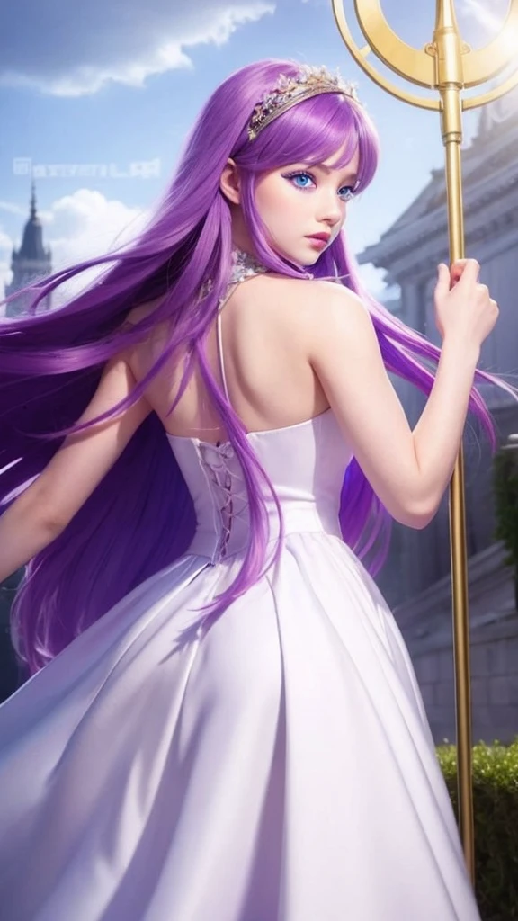 a girl with purple hair and blue eyes white skin hyperrealistic