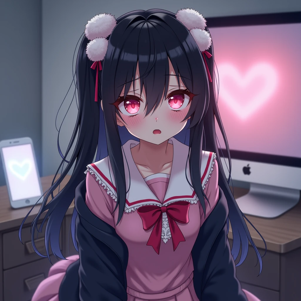 One person, Black Hair,Pink inner color,Long Hair, bangs,Half Twin Tail,Pink eyes, Droopy eyes,Take a closer look, Hearts in eyes, ribbon, Headband, White fluffy hair accessories,anime, anime風, skirt,Pale skin,Frills,Mine system,smartphone,Pink Sailor Suit,Dark cardigan,Drooping eyes,Confused eyes,Worried brow,Yandere,background computer,smartphone,delivery,Illness,Expose,night