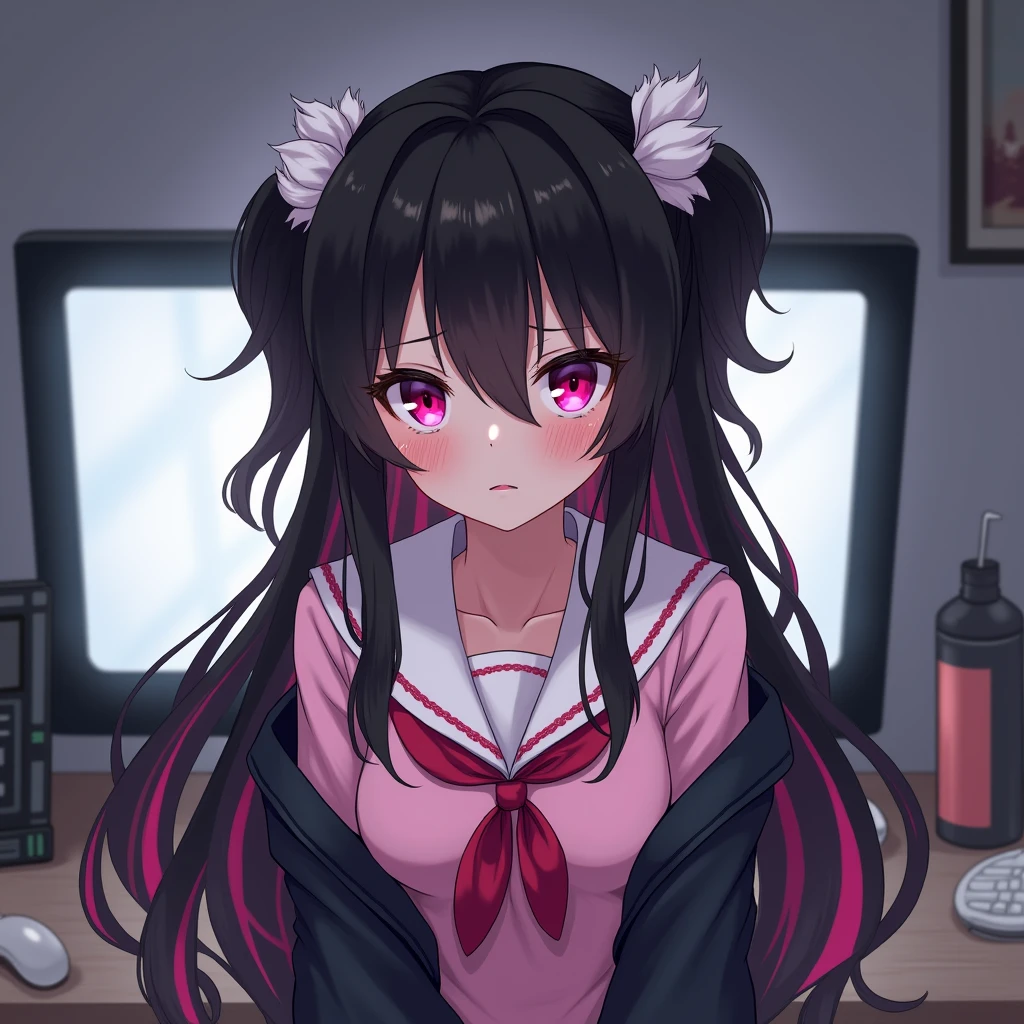 One person, Black Hair,Pink inner color,Long Hair, bangs,Half Twin Tail,Pink eyes, Droopy eyes,Take a closer look, Hearts in eyes, ribbon, Headband, White fluffy hair accessories,anime, anime風, skirt,Pale skin,Frills,Mine system,smartphone,Pink Sailor Suit,Dark cardigan,Drooping eyes,Confused eyes,Worried brow,Yandere,background computer,smartphone,delivery,Illness,Expose,night