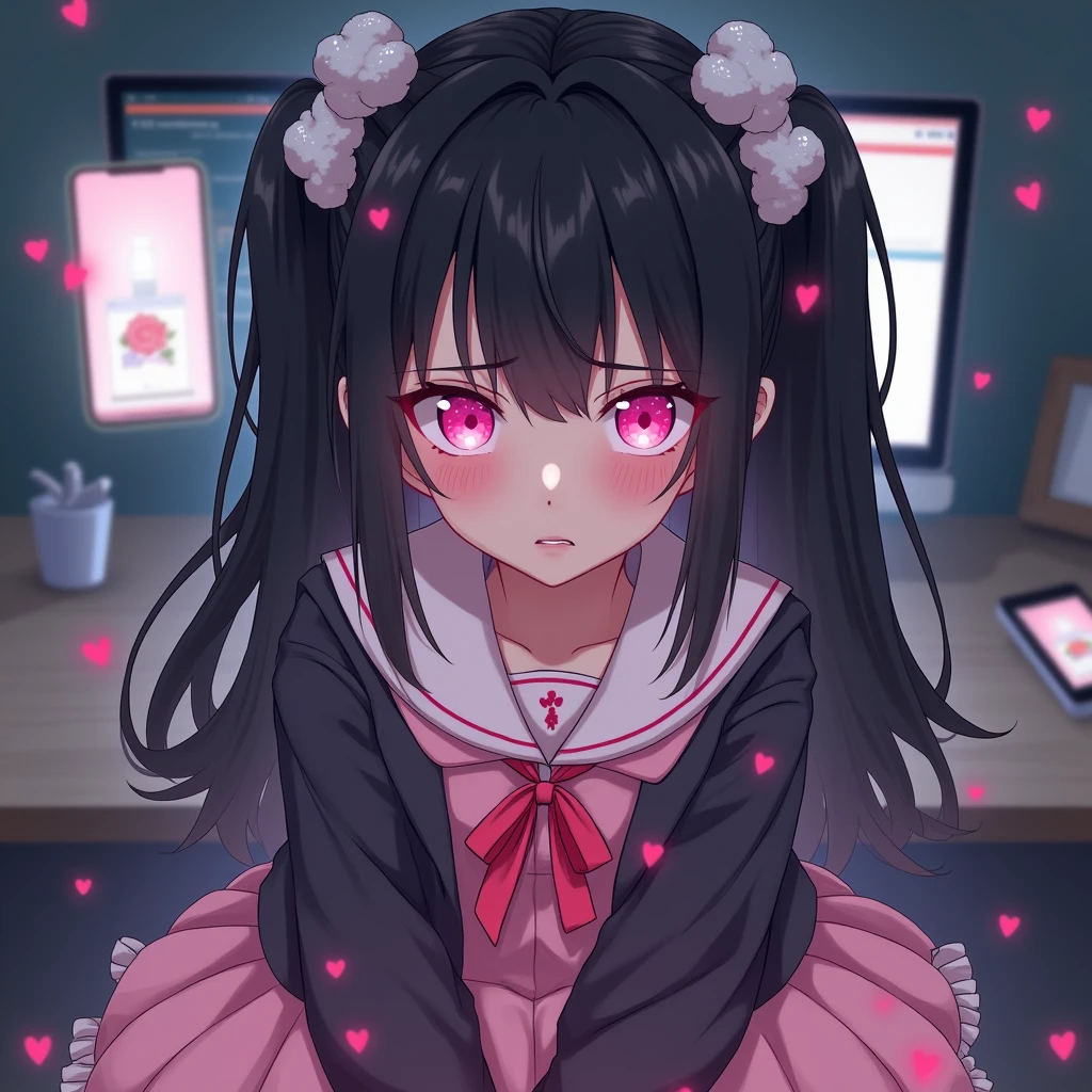 One person, Black Hair,Pink inner color,Long Hair, bangs,Half Twin Tail,Pink eyes, Droopy eyes,Take a closer look, Hearts in eyes, ribbon, Headband, White fluffy hair accessories,anime, anime風, skirt,Pale skin,Frills,Mine system,smartphone,Pink Sailor Suit,Dark cardigan,Drooping eyes,Confused eyes,Worried brow,Yandere,background computer,smartphone,delivery,Illness,Expose,night