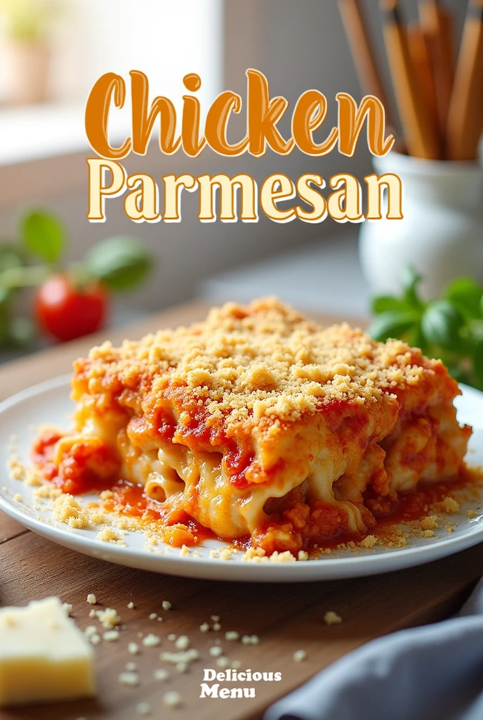 Create a sample illustration of an advertisement of an Chicken Parmesan Casserole Recipe. Its title would be "Chicken Parmesan Casserole Recipe" +The advertisement should grab the attention of students and add Watermark "Delicious Menu"