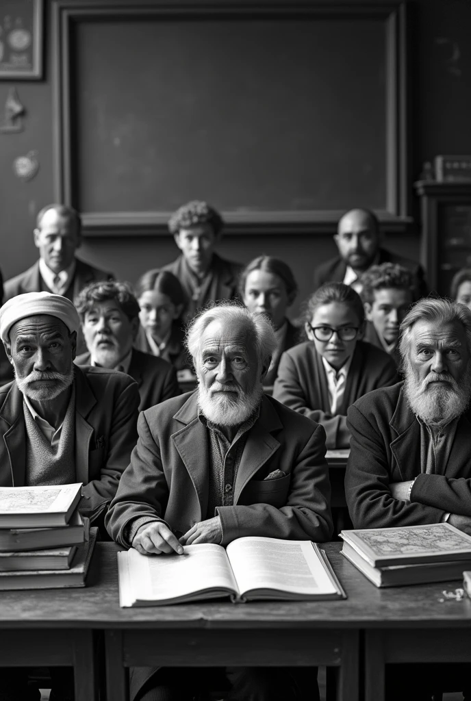 Create an image depicting people of all ages and ethnicities engaged in studying and learning, presented in an old-fashioned, black-and-white style. Show a diverse group of individuals—children, adults, and the elderly—sitting together in a vintage classroom setting with antique desks, books, and educational materials. Include elements like old-fashioned maps, chalkboards, and quill pens to enhance the historical feel. Use a classic, grainy texture to evoke a sense of nostalgia and timelessness, capturing the universal pursuit of knowledge across generations.