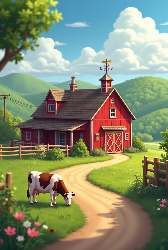 beautiful little farm with red barn, cow, weather vane, Roadside, FULL, plantation