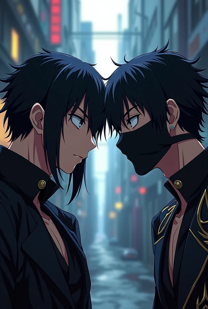 Two masked bandit anime characters with black male hair