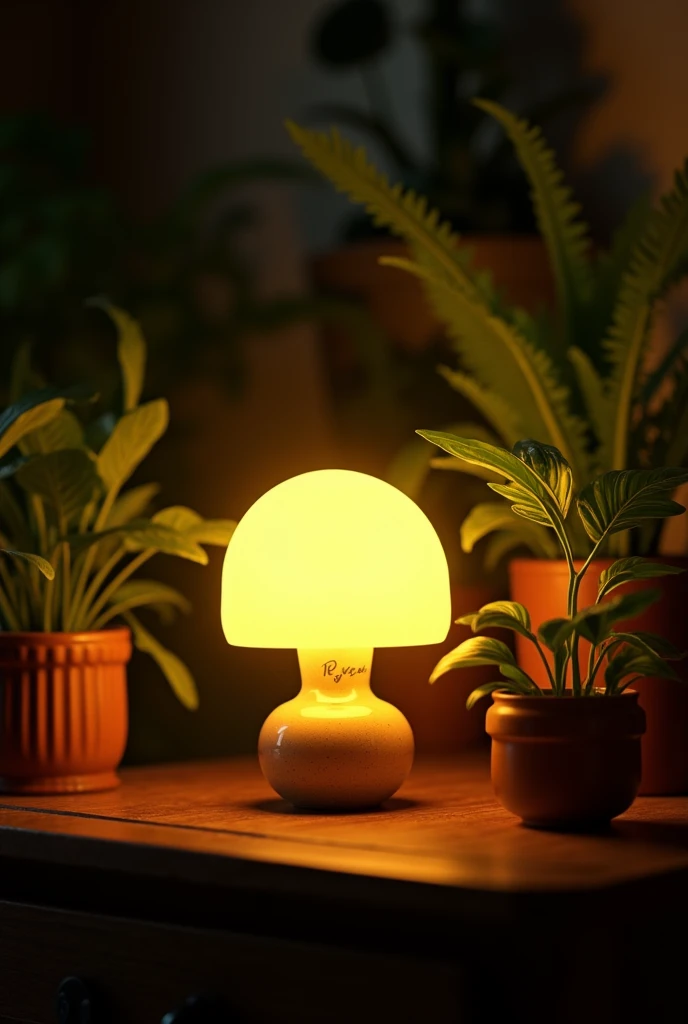 a yellow lamp in a dark room, with ferns in the background