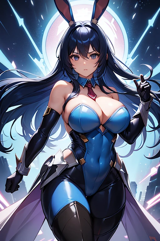 One woman in her 20s、Female Superheroes、Super big breasts、Stylish、Plump legs、Blue Hair、long hair、Tie around the neck、Long sideburns、Bunny suit style hero costume、With chest illumination、High leg、Helmet、Mecha rabbit ears、tights、Lace-up boots、Finger piercing gloves、Fighting Pose、