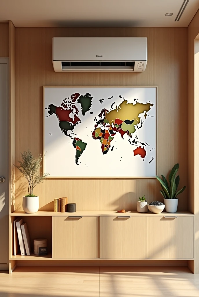 Wall covered in blond MDF José, nailed to this wall, close to the ceiling, is the air conditioning, just below the world map and below niches to place travel souvenirs, below a sideboard cabinet with opening doors.