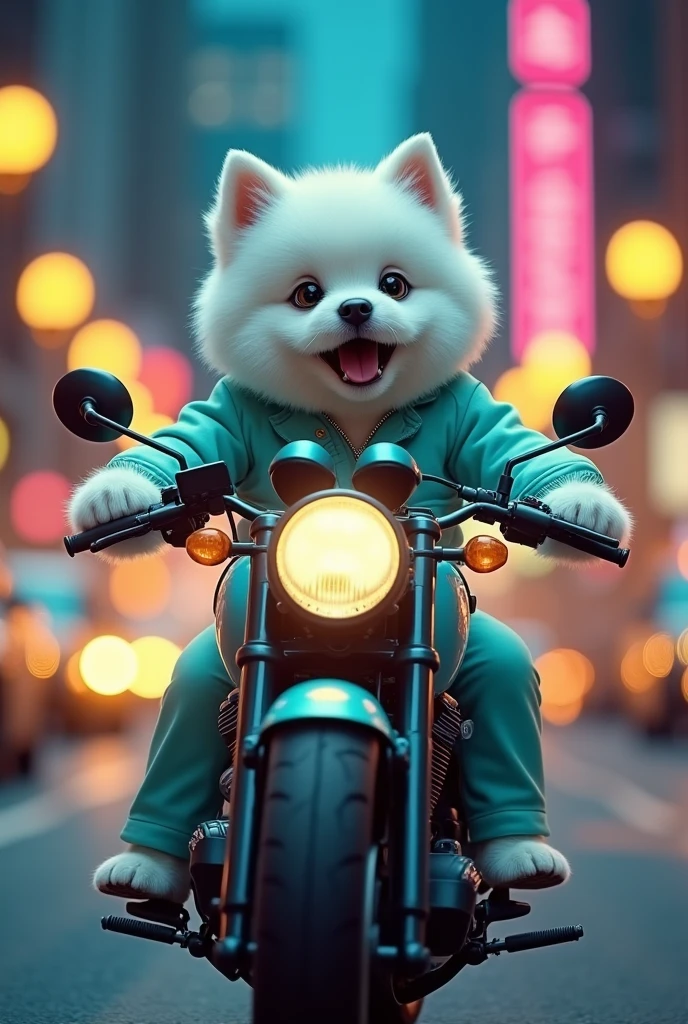 cute White and turquoise dog on the motor cycle in the new york city at night with yellow and pink lights