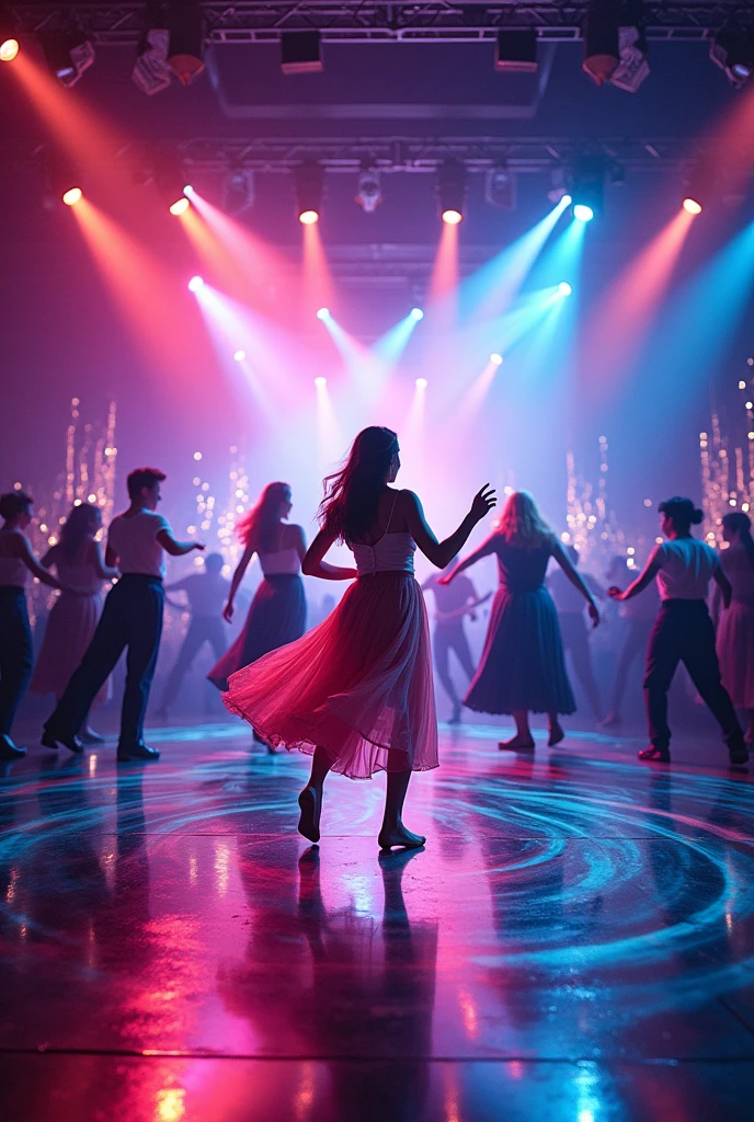 A stage full of lights to the people who dancing in front of floor