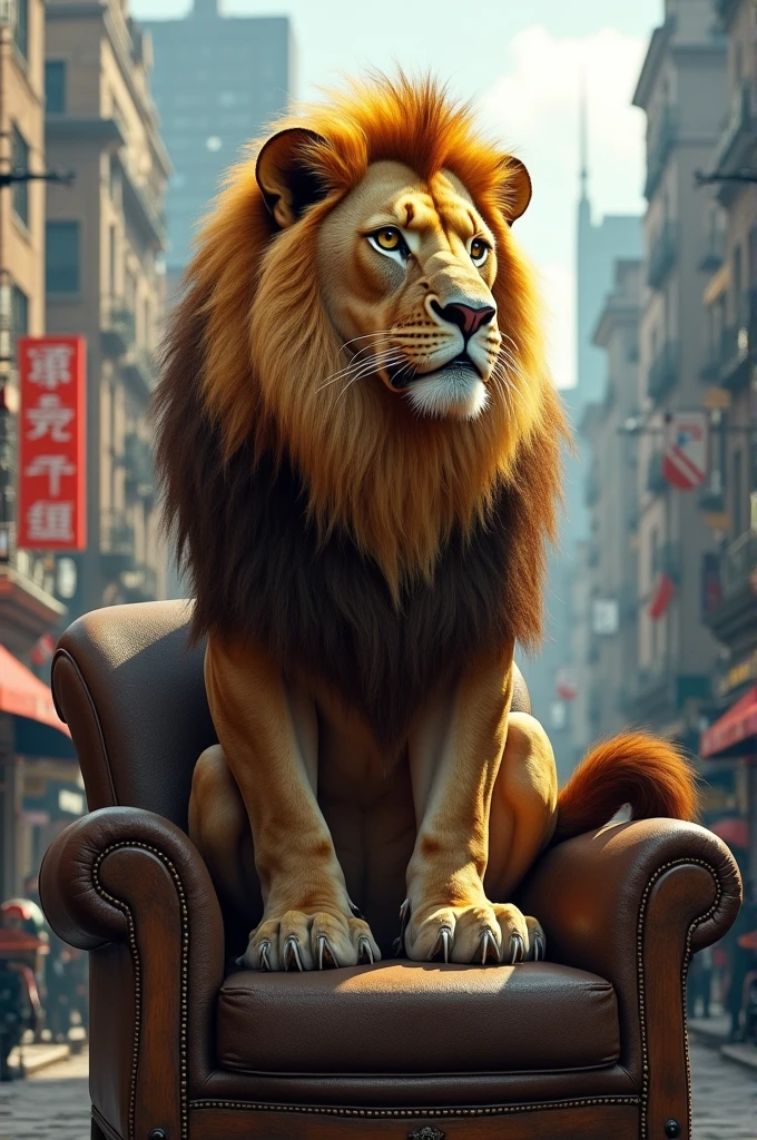 Lion in a city on a muscular fisherman&#39;s chair 