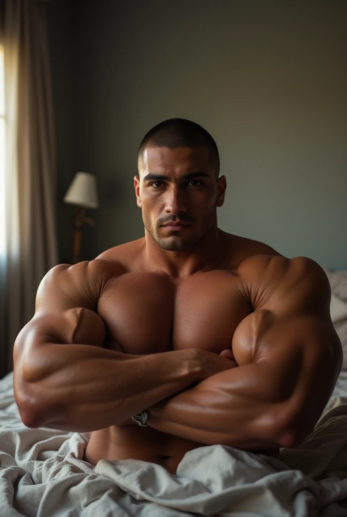 ((man ))), ((big penis 24 cm thick erect 24 cm))) muscle, Latino 30yo man, medium pectorals, medium biceps, naked,Lying on the bed,  , buzz cut, bedroom, Crossed arms, Very wide shoulders,