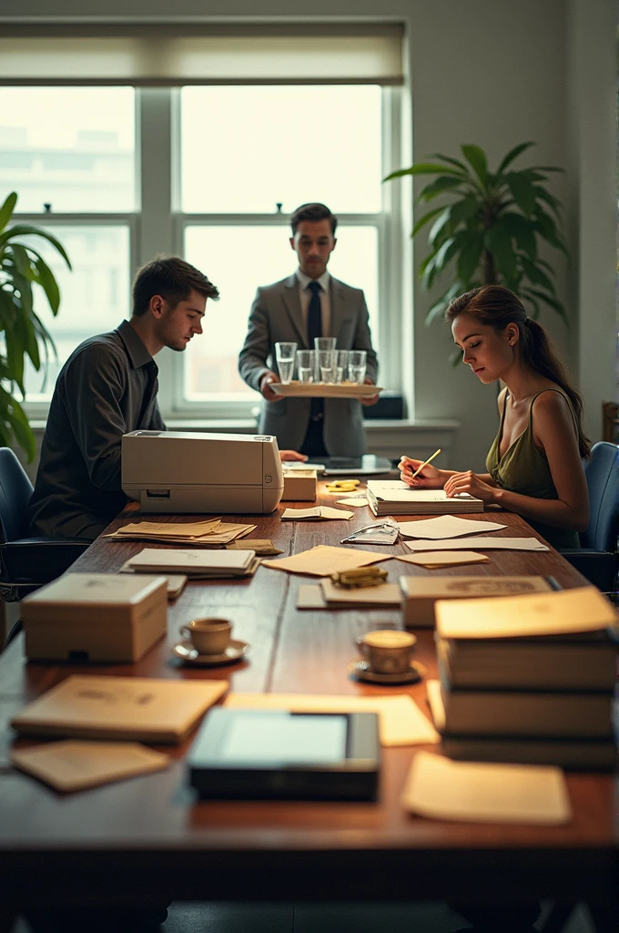 You are a paperweight on an office table and a man is printing on a printer on the table. A servant is standing next to you with a tray of glass of water in his hand. A beautiful lady is writing an application beside the table in front of you. The length of the table is approximately 6 feet. There are necessities on the table and you are watching the whole scene from a distance of 5 feet.