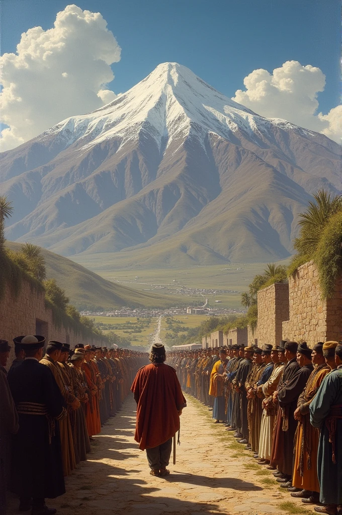 **Founding of Oruro in 1606**: It represents Don Manuel Castro de Padilla founding the city of *Saint Philip of Austria* in a solemn act with the Andean landscape in the background.