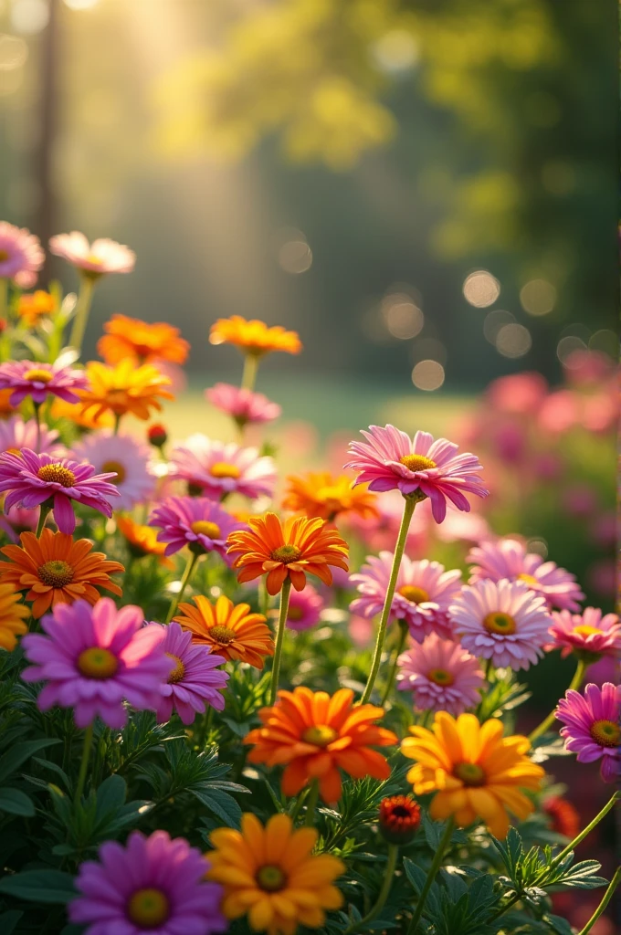 A beautiful garden with flowers of all colors, sparkling in the sunlight.