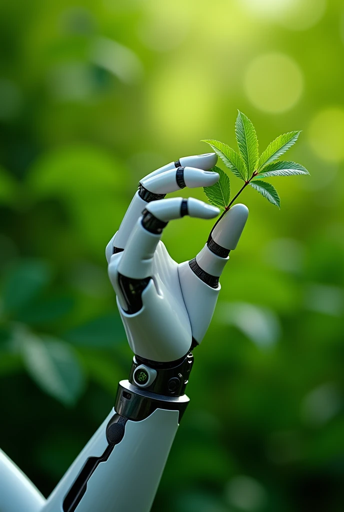 applications of artificial intelligence in the environmental sector, make a robotic hand next to a plant branch on a green background with space for a title in 16 format:9