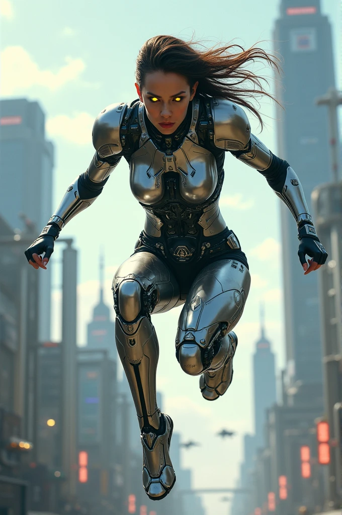 Cyborg woman jumping