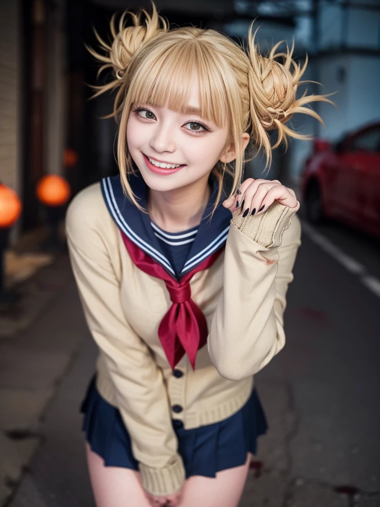 (beautiful japanese girl), (Highest quality,128k, masterpiece:1.55, photorealistic, hyperrealistic), 128k wallpaper,
BREAK (Shot with Canon EOS 5D Mark 4 and Canon EF Lens 85mm F1.2L lens, F value 1.2, ISO 50, shutter speed 64),
BREAK (beautifull, detailed face, detailed eyes), Ultra detailed face, Detailed lips, Detailed eyes, double eyelid, nsfw, 8k, 最High resolution, High resolution, masterpiece,
BREAK from below, pov, (leaning forward:1.3), Cinematic angle,
BREAK toga himiko, (smoky makeup:1.3),
BREAK Lean Body, Large Body, , height of 157 cm, (smile beam:1.5), (fang:1.5),
BREAK (blonde hair:1.3), (Blunt Bangs), double bun, sidelocks, sharp teeths, (yellow eyes:1.3),
BREAK school uniform, sailor collar, red neckerchief, slit pupils, cardigan, long sleeves, blue saillor collar, (deep blue pleated skirt), serafuku,
BREAK (dark alley),night,darkness,(blood splater:1.75),standing,full body,