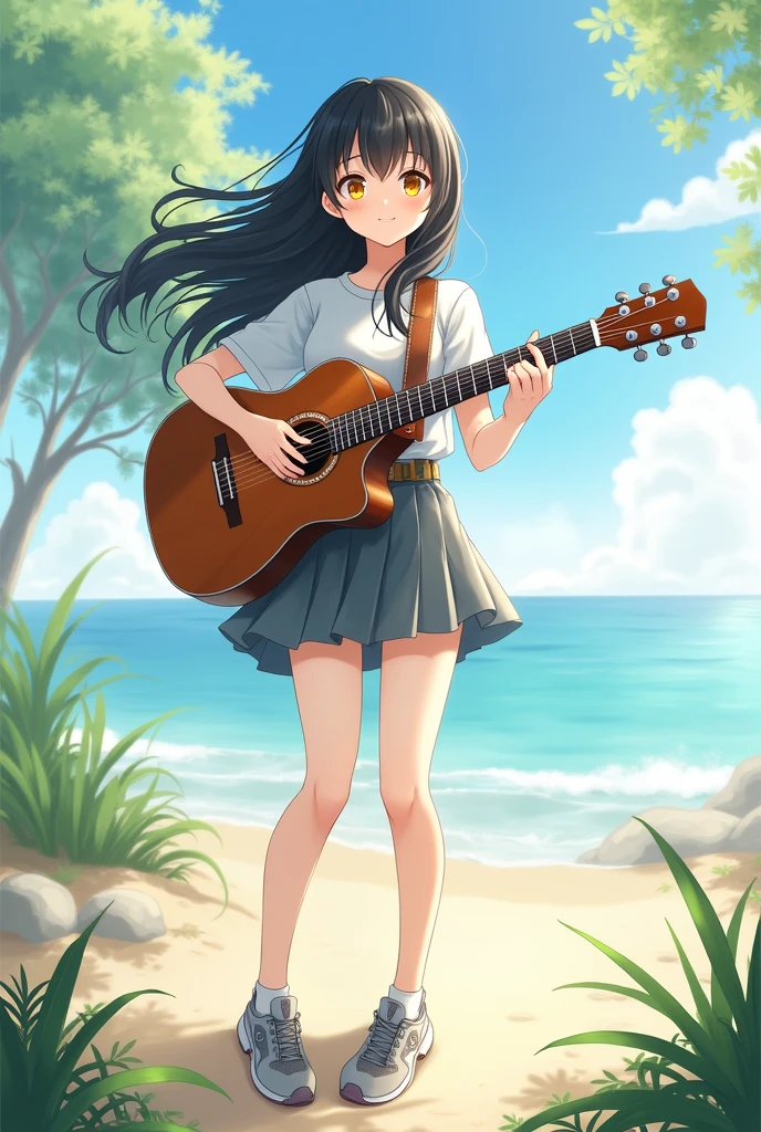 1girl, yellow eyes, long hair, black hair, playing guitar, cewe-sma, from fitting, white shirt, gray skirt, belt, looking at viewer, nature, standing at beach, running shoes