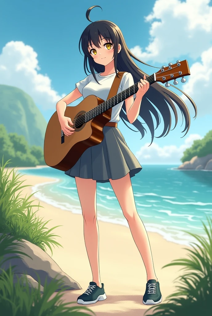 1girl, yellow eyes, long hair, black hair, playing guitar, cewe-sma, from fitting, white shirt, gray skirt, belt, looking at viewer, nature, standing at beach, running shoes