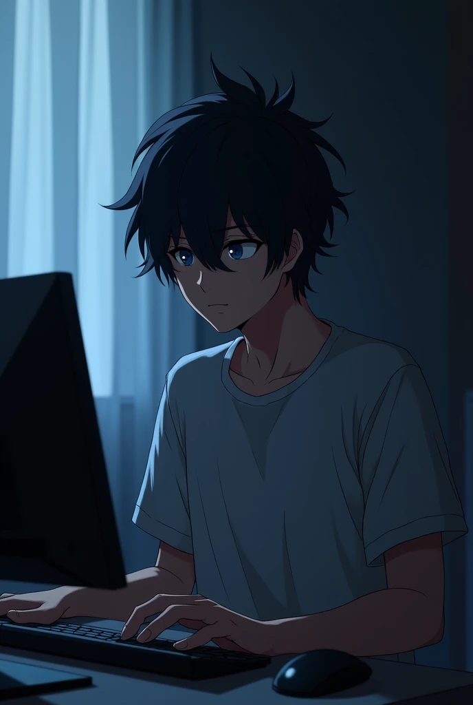 A nineteen year old anime boy with very very very thick black hair that slightly covers his face. He plays on the computer in his dark room with the curtains closed. he's tall and a little muscular