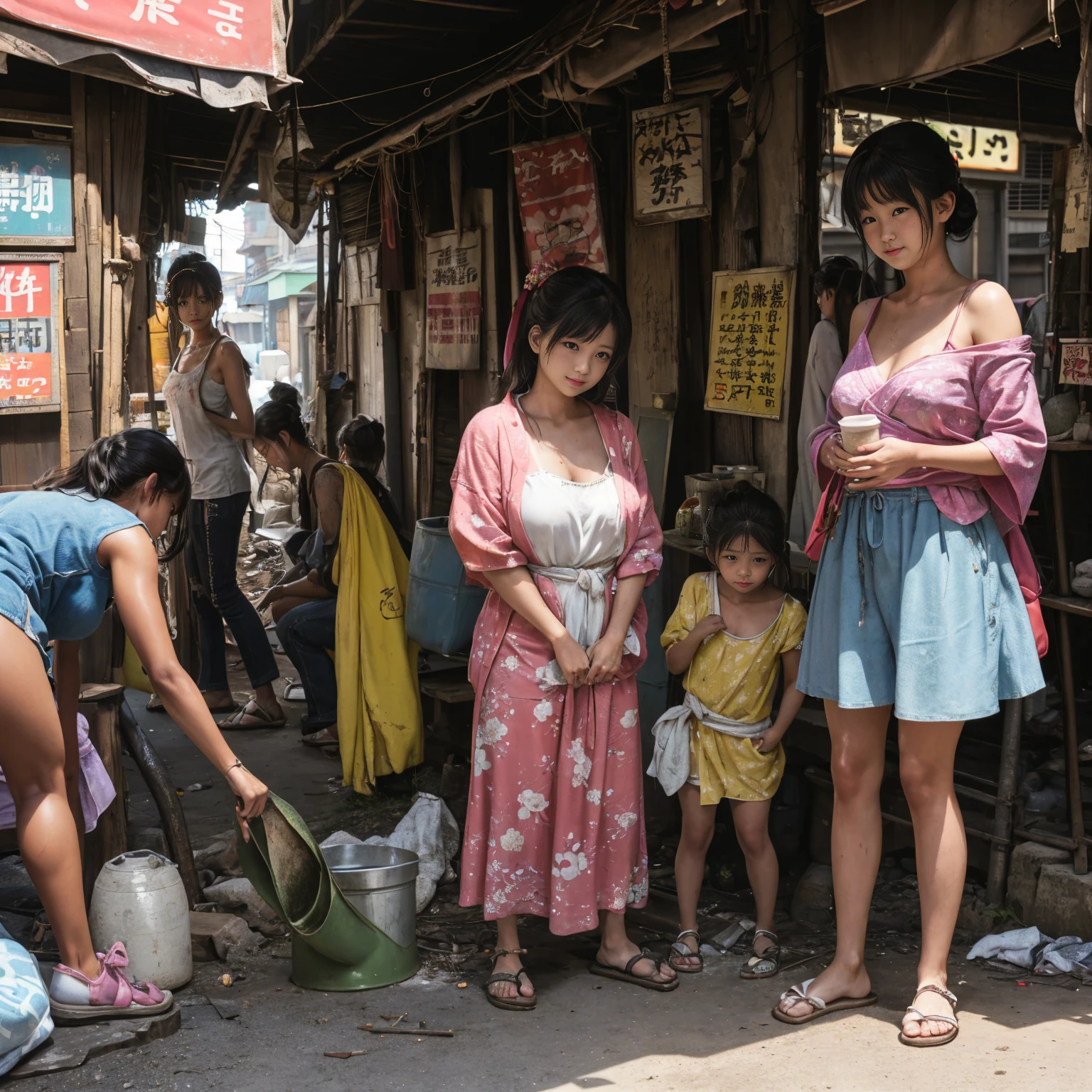 
((masterpiece、Highest quality))、Beautiful girls gather.、Three girls in summer clothes、(Showa Retro:1.2)、(Detailed and cute face:1.3)、(Poor conditions、Japan's poor neighborhoods、Dim and unsanitary、Standing Bar、みんなで楽しくdiet、Crumbling underground shopping mall)、屋台のdiet店、stage、sewage、Dirty shop、street vendors、Unsanitary and abandoned city、smile、diet、Poor person々