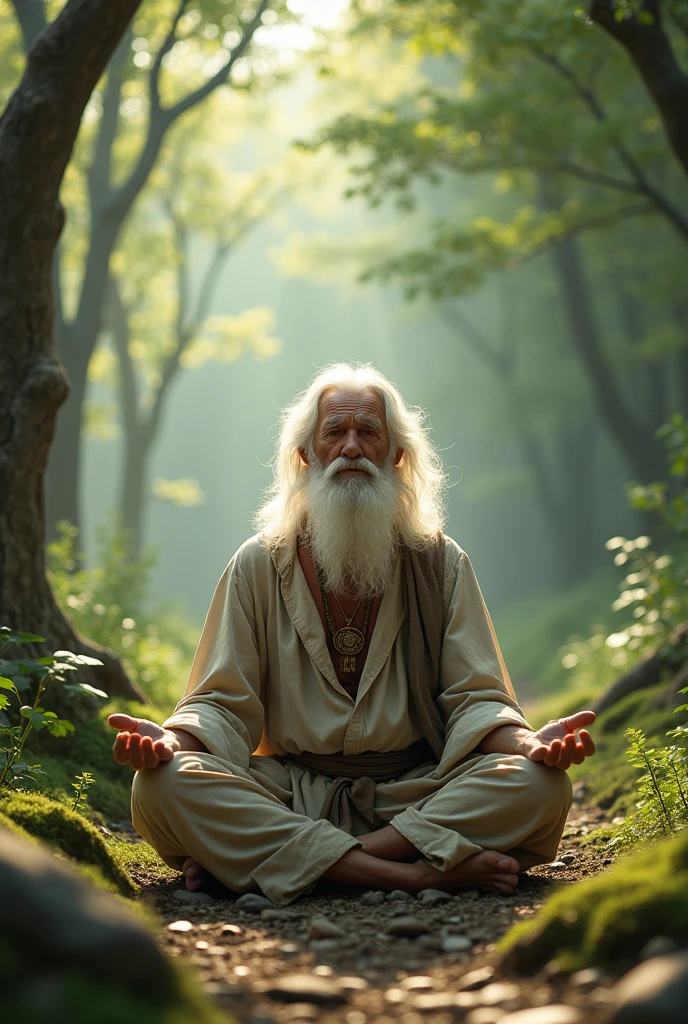 an old man meditating, vintage oldschool white hair in a nature environment with youtube resolution