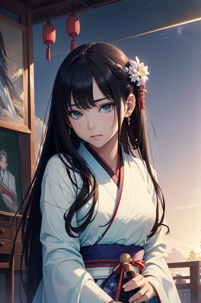 Starry sky and fog cover the landscape.Rich historical background. (Highest quality,4K,8k,High resolution,masterpiece:1.2), Very detailed, (Realistic,Realistic,Photorealistic:1.37), High resolution, Hyper HD, Studio Lighting, Ultra-fine painting, Sharp focus, Physically Based Rendering, Very detailed説明, Professional, Vibrant colors, Bokeh, Sports Late, Traditional Chinese Painting Techniques, Atmospheric lighting, Vivid color contrast, Visually stunning composition, Ethereal atmosphere,Very detailed目と顔, Beautiful attention to detail, Light on the face, (Hanfu: 1.1),Green Eyes,Graceful dancing woman